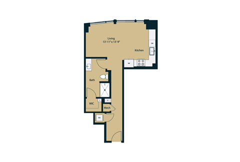 Floor plan for studio, 1 bath, 554 sqft